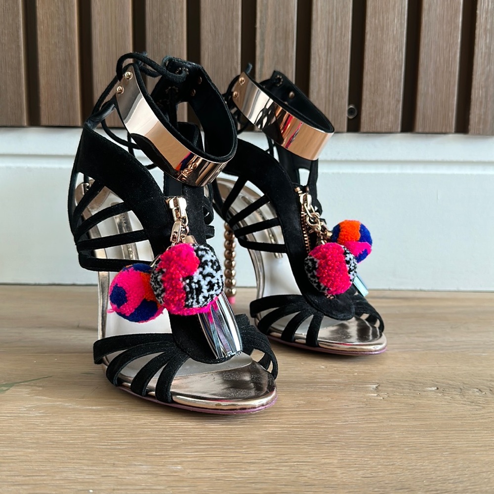 Sophia Webster ‘Yasmina’ Sandals (8.5) - Black with colorful pompoms.